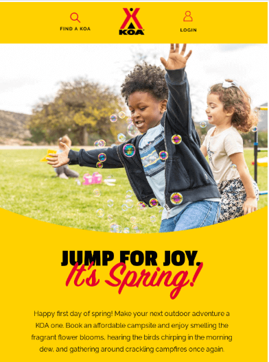 KOA’s Spring email newsletter titled jump for joy it's spring